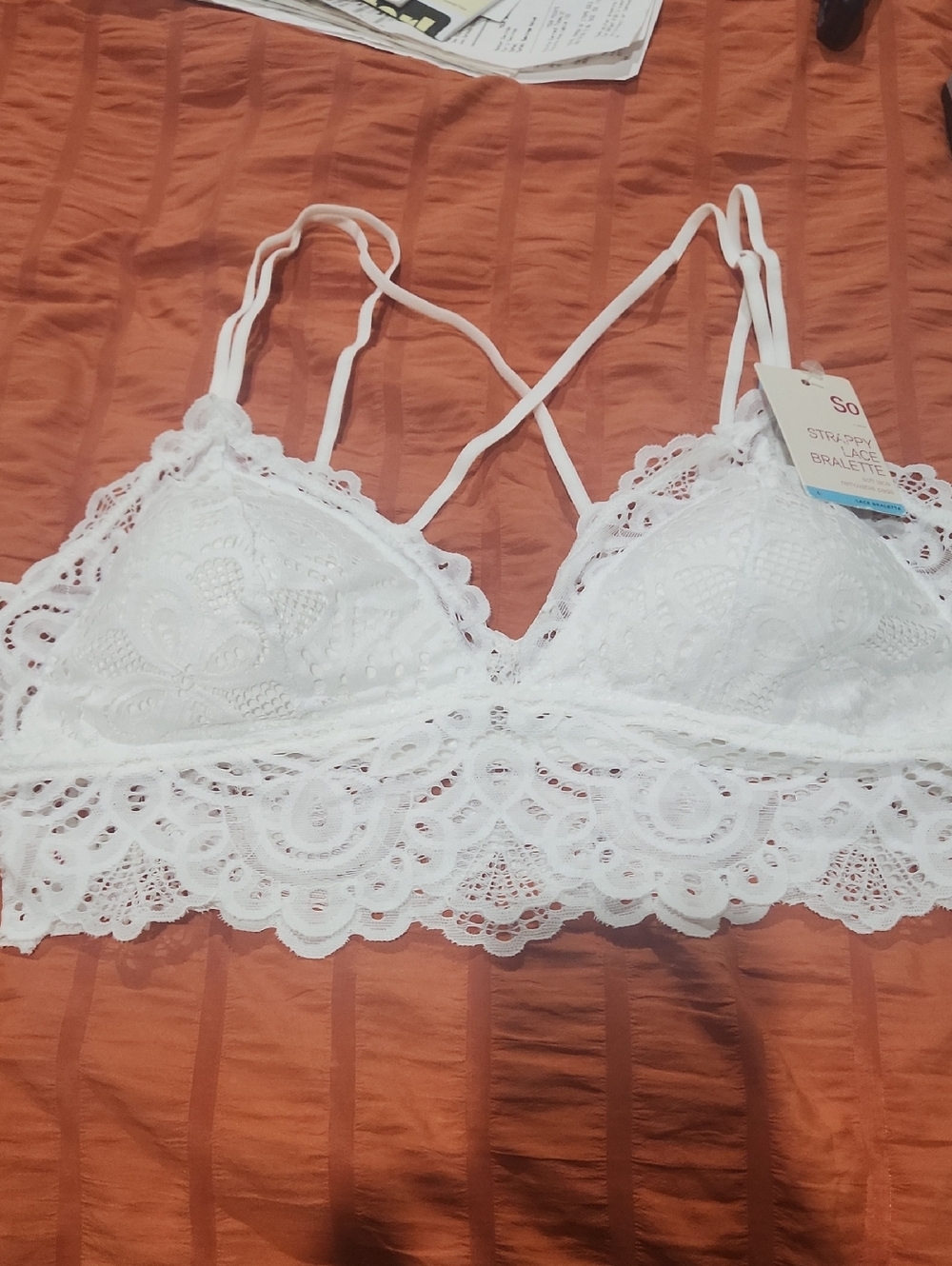 SO White Lace Bralette with Crisscross Back Straps